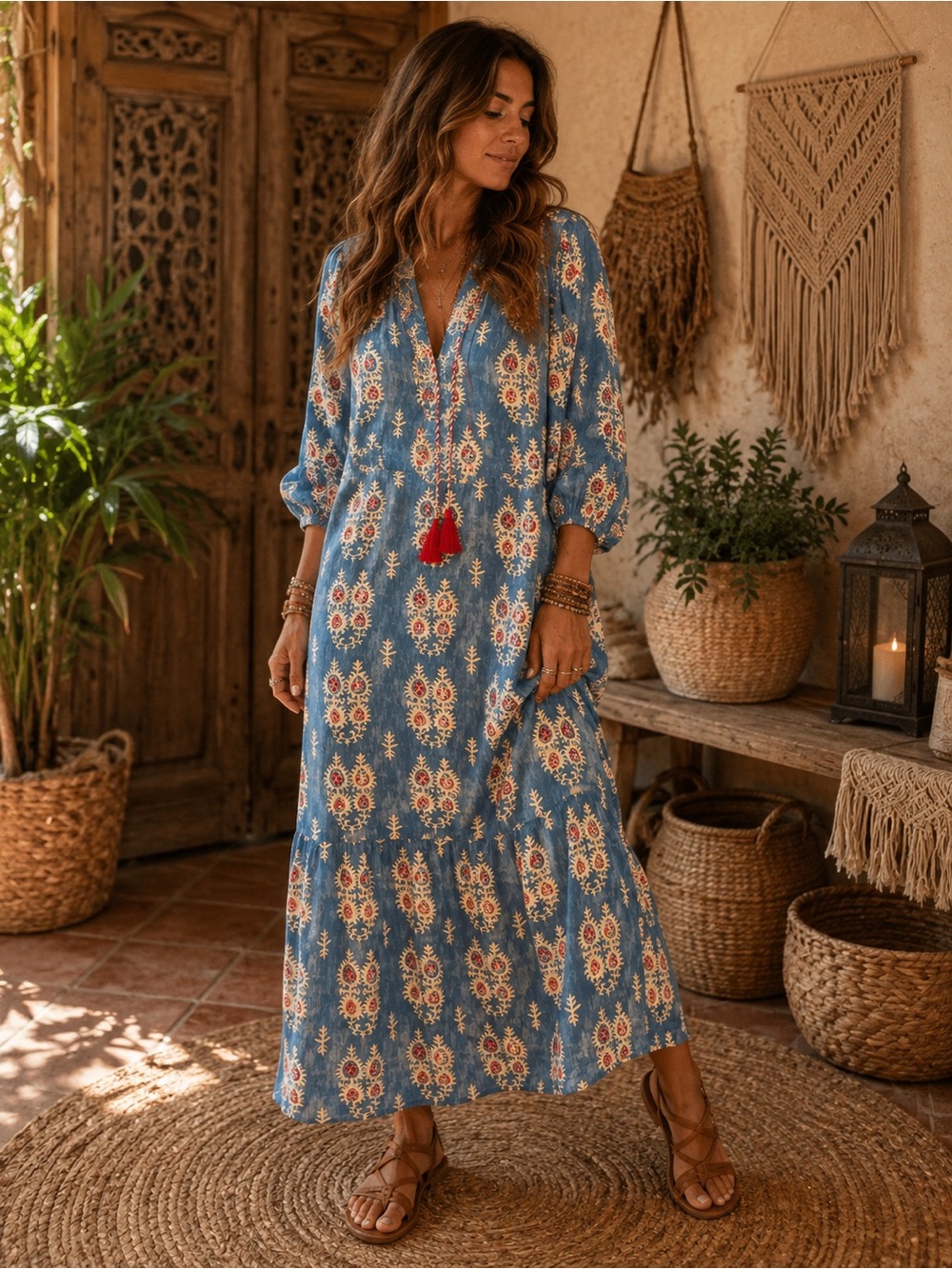 Bohemian Blue Floral Maxi Dress with Tassel Tie- Size S/M- NWT